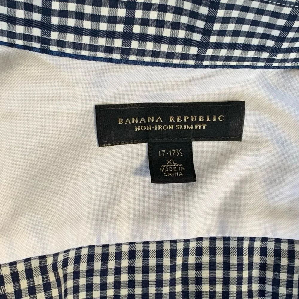 BANANA REPUBLIC Slim Fit Oxford Shirt Checks Navy & White Non Iron 17-17 1/2 XL